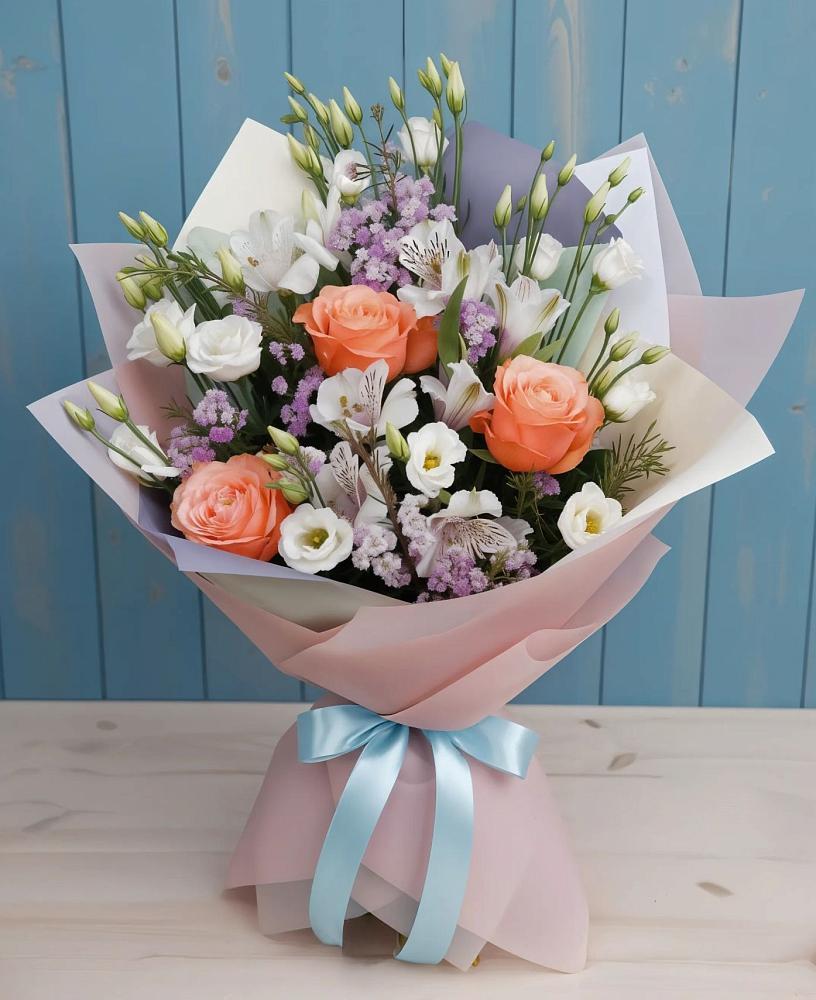 Букет цветов из: Лизиантусы, Розы, Альстромерии и Гипсофила в Янталь