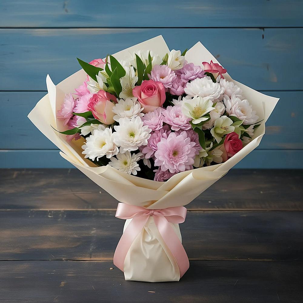 Букет цветов из: Хризантемы, Альстромерии и Розы в Янталь